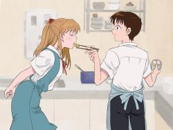  1boy 1girl apron aqua_apron black_eyes black_pants bowl brown_hair chopsticks closed_mouth commentary_request cowboy_shot feeding food highres holding holding_chopsticks ikari_shinji kitchen leaning_forward medium_hair mudaoosugi neon_genesis_evangelion open_mouth orange_hair pants profile shelf shirt short_hair short_sleeves smile souryuu_asuka_langley suspenders turning_head white_shirt 