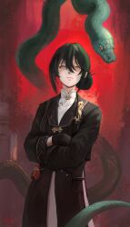  1girl absurdres balanophora_(wuthering_waves) black_coat black_gloves chinese_clothes chucky_(chucky1000sun) closed_mouth coat commentary_request crossed_arms dress gloves green_hair grey_eyes hair_between_eyes highres looking_at_viewer shaded_face short_hair signature snake solo white_dress wuthering_waves 