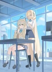  2girls absurdres akane_(blue_archive) akane_(school_uniform)_(blue_archive) asuna_(blue_archive) asuna_(school_uniform)_(blue_archive) blue_archive commentary_request eomerika halo highres long_hair mixed-language_commentary multiple_girls school_uniform sitting tying_hair 