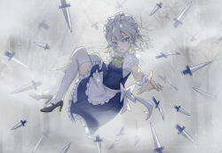  1girl apron bare_tree black_shoes blue_eyes bow braid breasts commentary dress forest green_bow grey_hair hair_between_eyes hair_bow izayoi_sakuya knife knife_in_hand looking_at_viewer maid maid_apron maid_headdress nature open_mouth ribbon shoes short_hair solo thigh-highs touhou touhou_lost_branch_of_legend tree twin_braids vikramjoti waist_apron 
