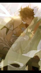  1boy 1girl absurdres ahoge arm_guards armor bare_shoulders black_border black_gloves blonde_hair border cape closed_eyes closed_mouth collared_shirt commentary_request covered_mouth crying crystal_earrings curtains detached_sleeves dress earrings flower gem genshin_impact gloves grey_jacket hair_between_eyes hair_flower hair_ornament hand_on_another's_chest hand_up hetero highres indoors jacket jewelry long_sleeves lumine_(genshin_impact) mask mask_on_head orange_hair partially_fingerless_gloves popped_collar red_cape red_gem red_mask red_shirt ribbon sad shirt short_hair shoulder_armor sidelocks single_earring sitting sleeveless sleeveless_dress tartaglia_(genshin_impact) white_dress white_flower white_ribbon white_sleeves zassyoku_dd 