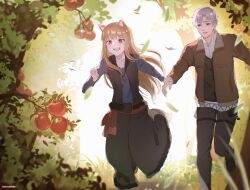  1boy 1girl absurdres animal_ear_fluff animal_ears apple blue_shirt brown_hair brown_jacket brown_tail commentary craft_lawrence english_commentary food fruit fur-trimmed_vest fur_trim grey_hair highres holo jacket ketsufan long_hair neck_pouch outdoors pants red_eyes running shirt short_hair sparkle spice_and_wolf tail vest white_shirt wolf_ears wolf_girl wolf_tail 