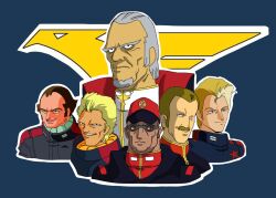  6+boys army balding bask_om blonde_hair brown_hair commentary_request facial_hair goggles grey_hair gundam hat jamaican_daningan jamitov_hymen jerid_messa kacricon_cacooler logo mecha_pilot_suit military_hat military_rank_insignia military_uniform multiple_boys mustache old science_fiction soldier titans_(gundam) user_wmnh5527 yazan_gable zeta_gundam 