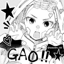  +_+ 1girl claw_pose commentary_request dandadan english_text gao greyscale hands_up heart highres hood hooded_jacket hoodie jacket long_sleeves looking_at_viewer monochrome official_alternate_costume open_mouth polka_dot polka_dot_background short_hair solo star-shaped_pupils star_(symbol) star_in_eye symbol-shaped_pupils symbol_in_eye teeth tontrochan_ddd twitter_username upper_body upper_teeth_only vamola_(dandadan) 