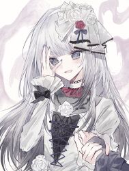  1girl 1other blunt_bangs blush choker cross-laced_clothes cross-laced_dress dot_nose dress dress_flower flower frilled_dress frills grey_eyes grey_hair hair_flower hair_ornament hand_over_eye hands_up highres juliet_sleeves lace-trimmed_choker lace_trim long_hair long_sleeves looking_at_viewer nail_polish official_alternate_costume official_alternate_hairstyle open_mouth pink_flower pink_rose project_sekai puffy_sleeves purple_nails purple_ribbon ribbon rose shadow_shadow_(vocaloid) shiruru531 sidelocks smile solo_focus upper_body very_long_hair white_choker white_dress white_flower white_rose yoisaki_kanade 