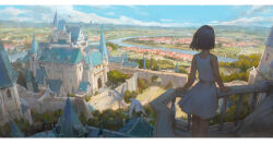  1girl balcony bird castle clouds dress farm holding krenz landscape long_hair original river sky village wings 