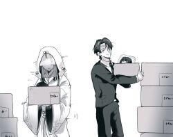  1boy 1girl araya_(project_moon) box closed_eyes closed_mouth commentary_request covered_eyes gloves half_mask highres holding holding_box iphone1996pro jacket japanese_clothes kimono limbus_company long_hair looking_at_object mask monochrome multicolored_hair necktie one_eye_covered pants project_moon rien_(project_moon) ryoshu_(project_moon) see-through_clothes see-through_veil shirt standing streaked_hair stuffed_toy suit suit_jacket veil 