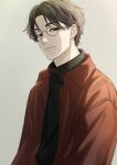  1boy black_shirt brown_eyes brown_hair ear_piercing earrings glasses highres jewelry looking_at_viewer male_focus mole mole_under_mouth original piercing shiraho_(m_shiraho) shirt short_hair simple_background solo stud_earrings upper_body 