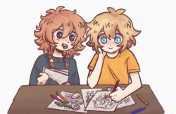  1boy 1girl alternate_costume antenna_hair bad_id bad_twitter_id basil_(faraway)_(omori) basil_(omori) black_sweater blonde_hair blue_eyes blush borrowed_character braid closed_mouth commentary double-parted_bangs drawing_(action) drawing_(object) english_commentary eraser freckles hair_between_eyes holding holding_pencil long_sleeves low_twin_braids omori original pencil shirt short_sleeves sidelocks simple_background smile sweater t-shirt twin_braids white_background yellow_shirt yuilu_(yuiluqqq) 