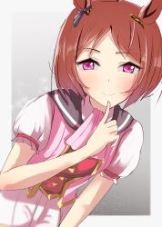  1girl animal_ears ascot blush breasts brown_hair closed_mouth flower-shaped_pupils flower_in_eye highres horse_ears horse_girl looking_at_viewer pink_ascot pink_eyes pink_vest puffy_short_sleeves puffy_sleeves sakura_laurel_(saisir_le_reve)_(umamusume) sakura_laurel_(umamusume) shirt short_hair short_sleeves shorts smile solo symbol-shaped_pupils symbol_in_eye umamusume umayonyosi vest violet_eyes white_shorts 