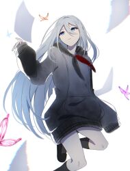  1girl black_neckerchief black_shoes black_socks blue_butterfly blue_eyes bug butterfly commentary_request dot_nose flying_paper foot_out_of_frame grey_hair grey_hoodie hair_between_eyes hand_up highres hood hood_down hoodie kneehighs long_bangs long_hair long_sidelocks long_sleeves looking_at_animal looking_up midair neckerchief no_pants ogfaibma_(aki) orange_butterfly paper parted_lips pink_butterfly project_sekai purple_butterfly red_neckerchief shoes sidelocks simple_background sleeves_past_fingers sleeves_past_wrists socks solo two-tone_neckerchief very_long_hair white_background yoisaki_kanade 