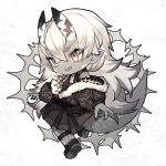  1girl :d black_footwear black_skirt chibi colored_skin fang full_body grey_skin hair_between_eyes highres horns long_hair monster_girl original pointy_ears shiba_(s_hi_ba_) simple_background skirt smile solo tail tattoo very_long_hair white_background white_hair zipper_pull_tab 