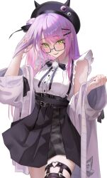  1girl :d beret black_bow black_bowtie black_hat black_ribbon black_skirt bow bowtie cardigan collared_shirt commentary_request cowboy_shot cross cross-laced_clothes cross-laced_sleeves cross_earrings ear_piercing earrings frilled_shirt frilled_sleeves frills glasses gradient_hair green_eyes grey_cardigan hair_bun hair_ornament hair_ribbon hairclip hand_up hat heart heart_o-ring high-waist_skirt highres hololive horned_hat jewelry jirai_kei long_hair looking_at_viewer miniskirt multicolored_hair o-ring o-ring_thigh_strap off_shoulder official_alternate_costume official_alternate_hairstyle open_mouth parallel_hairclips piercing pink_hair pleated_skirt pointy_ears pom_pom_brooch purple_hair ribbon shirt short_sleeves side_up_bun simple_background single_side_bun skirt smile solo spiked_ear_piercing suspender_skirt suspenders tanishi_(hetianming11093) thigh_strap tokoyami_towa tokoyami_towa_(jirai_kei) virtual_youtuber white_background white_shirt x_hair_ornament 
