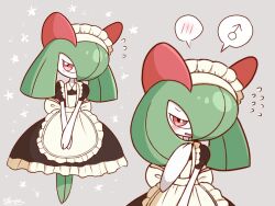  1boy apron artist_name back_bow blush bow colored_skin commentary_request crossdressing crossdressing_(mtf) dress embarrassed flying_sweatdrops frilled_apron frilled_dress frills full_body green_hair green_skin grey_background hair_over_one_eye hand_up kirlia legs_together long_dress long_hair looking_at_viewer maid_apron maid_headdress male_focus mars_symbol monya multicolored_skin multiple_views nervous no_feet one_eye_covered open_mouth own_hands_together partial_commentary playing_with_own_hair pokemon pokemon_(creature) puffy_short_sleeves puffy_sleeves red_eyes short_sleeves shy sidelocks signature simple_background sparkle speech_bubble spoken_blush spoken_mars_symbol standing trap two-tone_skin upper_body v_arms white_apron white_skin 