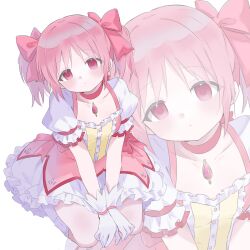 1girl bow bubble_skirt chest_jewel closed_mouth commentary_request dot_mouth dress gem gloves hair_bow highres kaname_madoka kaname_madoka_(magical_girl) knees light_blush looking_at_viewer mage_(404_null) magical_girl mahou_shoujo_madoka_magica mahou_shoujo_madoka_magica_(anime) pink_bow pink_dress pink_eyes pink_gem pink_hair puffy_short_sleeves puffy_sleeves seiza short_hair short_sleeves simple_background sitting skirt socks solo soul_gem_(madoka_magica) square_neckline tareme twintails white_background white_socks zoom_layer