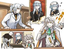  1girl 2boys absurdres ace_attorney ahoge alchemy_stars aqua_ascot ascot black_robe black_shirt blue_eyes blue_hair chinese_commentary chinese_text cloak closed_eyes collared_shirt commentary_request commission cup flower gauntlets gavel gloves hair_flower hair_ornament highres jacket judge laughing leyn_(alchemy_stars) liunianyishijunxiangshou long_hair mask mask_on_head matthieu_(alchemy_stars) multiple_boys multiple_views necktie parody ponytail puritan_collar purple_flower robe sharp_teeth shirt short_hair single_gauntlet sleep_mask sleeping spilled_drink teeth tina_(alchemy_stars) white_cloak white_gloves white_hair white_jacket white_shirt yellow_eyes yellow_necktie zzz 