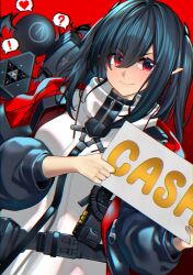 1girl absurdres arknights black_hair black_jacket breasts closure_(arknights) commentary devilman_(senseiarts667) dutch_angle full-length_zipper hair_intakes hair_over_one_eye head_tilt highres holding holding_sign jacket lips long_hair looking_at_viewer pointy_ears red_background red_eyes red_jacket sidelocks sign small_breasts smile thick_eyelashes tsurime twintails upper_body white_jacket zipper zipper_pull_tab 