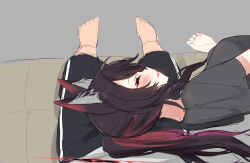  1boy 1girl absurdres animal_ear_fluff animal_ears black_hair black_shirt black_shorts blue_archive blush closed_eyes colored_inner_hair commentary_request eyeshadow fox_ears fox_girl fox_tail halo highres lap_pillow long_hair makeup multicolored_hair open_mouth ponytail pov rakio_deeeesu red_eyeshadow red_hair red_halo shirt shorts sleeping t-shirt tail two-tone_hair very_long_hair wakamo_(blue_archive) yellow_eyes 