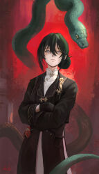  1girl absurdres balanophora_(wuthering_waves) black_coat black_gloves chinese_clothes chucky_(chucky1000sun) closed_mouth coat commentary_request crossed_arms dress gloves green_hair grey_eyes hair_between_eyes highres looking_at_viewer shaded_face short_hair signature snake solo white_dress wuthering_waves 