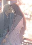  1boy 1girl blurry blurry_background brown_hair chinese_clothes clothes_grab couple day eye_contact face-to-face grey_hair half-closed_eyes hand_on_railing hanfu hetero imminent_kiss juuni_kokuki king_tai_(juuni_kokuki) kyusui_polymer lattice leaning_forward leaning_on_person long_hair long_sleeves looking_at_another looking_away low_ponytail pillar pink_robe pinky_out ponytail railing risai_(juuni_kokuki) robe sash sidelocks very_long_hair wide_sleeves 