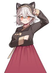  1girl absurdres animal_ear_fluff animal_ears arm_up black_hat blush brown_eyes commentary_request dated_commentary fan_request fur-trimmed_headwear fur_trim grey_hair hair_between_eyes hat highres jinggun korean_commentary long_sleeves looking_at_viewer original red_skirt short_hair simple_background skirt smile solo teeth transparent_background 