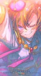  1girl ;) animal_ears arm_up breasts cape closed_mouth commentary_request crown from_above hair_between_eyes highres horse_ears horse_girl ittokyu jacket long_sleeves looking_at_viewer looking_up mini_crown one_eye_closed orange_hair pink_cape pink_crown puffy_long_sleeves puffy_sleeves shirt short_hair signature smile solo standing sweat t.m._opera_o_(o_sole_suo!)_(umamusume) t.m._opera_o_(umamusume) twitter_username umamusume v-shaped_eyebrows violet_eyes watermark white_jacket white_shirt 