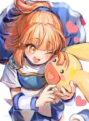  1girl absurdres arle_nadja armor blue_cape blue_skirt blush brown_eyes brown_hair cape carbuncle_(puyopuyo) cheek-to-cheek chest_guard cowboy_shot creature heads_together heart highres holding holding_creature looking_at_creature one_eye_closed open_mouth pleated_skirt ponytail puyopuyo puyopuyo_20th_anniversary shirt short_hair short_sleeves shoulder_armor skirt smile standing twitter_username ume_(umeboshioishii) white_shirt wristband 