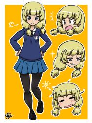  1girl black_necktie black_pantyhose blonde_hair blue_skirt blue_sweater closed_eyes collared_shirt commentary_request emblem exhausted full_body girls_und_panzer girls_und_panzer_saishuushou hair_tie hands_on_own_hips lemongrass_(girls_und_panzer) light_frown long_hair low_twintails miniskirt multiple_expressions necktie open_mouth pantyhose pleated_skirt school_uniform shirt skirt smile smug st._gloriana's_(emblem) st._gloriana's_school_uniform standing surprised sweater takahashi_kurage teeth twintails white_shirt yellow_background 