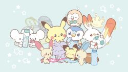  :3 absurdres american_football_(object) bag ball blue_eyes bottle closed_eyes closed_mouth commentary_request espurr highres holding milcery minun no_humans official_art pichu pikachu piplup plusle pokemon pokemon_(creature) pokemon_focus racket rowlet scorbunny sitting skateboard smile soccer_ball star_(symbol) tandemaus tennis_racket water_bottle 