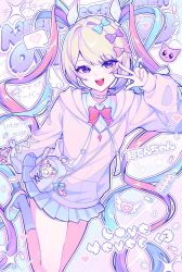  1girl :d blonde_hair blue_bow blue_eyes blue_hair blue_skirt bow choker chouzetsusaikawa_tenshi-chan collared_shirt emoji hair_bow hair_ornament hand_up heart heart_hair_ornament highres hood hood_down hoodie jacket long_hair long_sleeves looking_at_viewer maegjuw multicolored_hair needy_girl_overdose open_mouth pastel_colors pill pink_bow pink_hair pink_hoodie pink_jacket pink_nails pleated_skirt purple_bow quad_tails shirt shoes skirt smile socks solo sparkle speech_bubble standing teeth twintails upper_teeth_only v v_over_eye very_long_hair w white_choker white_shirt wings 