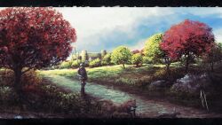  1boy armor artist-provided_artwork boots brown_boots castle clouds cloudy_sky day fox full_armor grass halberd highres holding holding_polearm holding_weapon landscape letterboxed medieval nature occitania original outdoors polearm poleyn rabbit scenery shveik_88 sky soldier standing surcoat tree walking weapon 