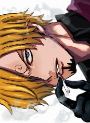  1boy a00xm black_gloves blonde_hair cigarette commentary_request curly_eyebrows diable_jambe facial_hair gloves haramaki highres holding holding_cigarette male_focus mustache_stubble one_piece sanji_(one_piece) smoke smoke_trail smoking solo stubble upper_body 