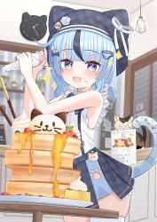  1girl :d absurdres animal_hat aoraine beanie black_hat black_skirt black_streaks blue_eyes blue_hair blunt_bangs blush cat cat_girl cat_hat cat_tail clock commentary_request cooking cowboy_shot cream desk fang food frilled_skirt frills hair_ornament hands_up hat highres indoors kitchen looking_at_viewer multicolored_hair open_mouth original pancake pancake_stack plaid_clothes plaid_skirt shirt skin_fang skirt smile solo sparkle sparkling_eyes streaked_hair tail white_shirt 