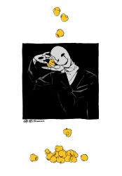  1boy absurdres bald black_background black_coat border coat highres holding holding_rubber_duck hole_in_hand male_focus outside_border rubber_duck shirt simple_background skeleton smile solo turtleneck turtleneck_shirt twitter_username undertale utdr_(toby_fox) vrainal w.d._gaster white_border white_shirt 