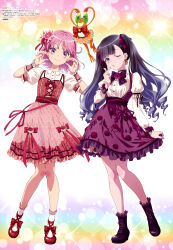  2girls absurdres akagi_yuina anime_coloring animedia artist_name black_hair blush brown_eyes center-flap_bangs closed_mouth colorful_background copyright_name copyright_notice dress dress_shirt earrings finger_heart flower frilled_dress frills full_body gradient_hair hair_flower hair_ornament hair_ribbon heart heart_hands highres holding_own_dress horii_kumi jewelry knees_together_feet_apart long_hair long_sleeves looking_at_viewer low_drills maebashi_witches magazine_scan medium_dress multicolored_hair multiple_girls niisato_azu official_art one_eye_closed pink_dress pink_flower pink_hair puckered_lips puffy_long_sleeves puffy_short_sleeves puffy_sleeves purple_dress purple_hair purple_ribbon ribbon scan shirt short_hair short_sleeves single_earring sleeveless sleeveless_dress smile standing third-party_source twintails two-tone_hair violet_eyes white_shirt 