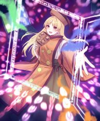  1girl :d absurdres black_hat blonde_hair commentary_request constellation_print danmaku detached_sleeves green_skirt hat highres holding holding_mask long_hair long_sleeves looking_at_viewer mask matara_okina mochigumo noh_mask okina_mask open_mouth orange_sleeves orange_tabard skirt smile solo sun_print tabard touhou wide_sleeves yellow_eyes 