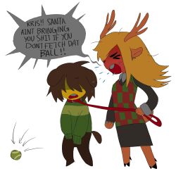  1girl 1other angry animal_collar animal_ears antlers arrow_(symbol) ball black_skirt blonde_hair brown_hair brown_tail buck_teeth checkered_clothes checkered_sweater_vest checkered_vest collar deer_antlers deer_ears deer_girl deer_tail deltarune dog_ears dog_tail furry furry_female green_sweater hair_between_eyes highres holding holding_leash hooves horns kris_(deltarune) leash long_hair long_sleeves looking_at_another noelle_holiday open_mouth pet_play pwimimi red_collar reindeer_girl shaded_face shirt short_hair shouting simple_background skirt speech_bubble striped_clothes striped_sweater sweater sweater_vest tail teeth tennis_ball two-tone_sweater_vest upper_teeth_only utdr_(toby_fox) vest white_background 