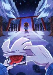  1boy 1other absurdres androgynous blue_shorts blue_sweater brown_hair character_pov commentary_request footprints frisk_(undertale) gloves highres long_sleeves outdoors pine_tree pov pov_hands sans_(undertale) short_hair shorts skeleton snow sweater tree undertale utdr_(toby_fox) watawata22 white_gloves whoopee_cushion 