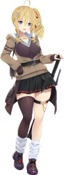  1girl ahoge akiyama_tamayura assault_lily belt black_belt black_gloves black_shoes black_skirt blonde_hair blue_eyes blue_shirt blush braid breasts brown_cardigan brown_sweater brown_thighhighs buckle cardigan collared_shirt commentary_request crown_braid drawn_star drill_hair drill_sidelocks ear_piercing earrings fingerless_gloves full_body gloves hair_ornament hair_ribbon hand_on_hilt hand_on_own_hip heart heart_o-ring heel_up high-waist_belt highres hood hood_down hooded_cardigan hotaru_(ultraroly_poly) jewelry long_bangs long_finger long_sleeves loose_socks medium_breasts miniskirt nail_polish necklace o-ring o-ring_thigh_strap official_art parted_lips partially_unzipped piercing pink_nails pleated_skirt red_ribbon ribbed_socks ribbon ring scabbard school_uniform sheath sheathed shirt shoes short_hair side_drill side_ponytail sidelocks simple_background single_fingerless_glove single_glove single_horizontal_stripe single_thighhigh skirt sleeves_past_wrists smile snap-fit_buckle socks solo standing striped_clothes striped_skirt sweater sword tachi-e thigh-highs thigh_strap weapon white_background white_socks x_hair_ornament 