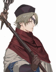  1boy black_hat blonde_hair brown_cloak brown_gloves cape cloak eyepatch fate/grand_order fate_(series) gloves green_eyes hammer hat highres holding holding_hammer jan_zizka_(fate) looking_at_viewer over_shoulder pako_(pakosun) red_cape simple_background solo war_hammer weapon weapon_over_shoulder white_background 