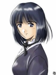  1990s_(style) 1girl bad_id black_bow black_bowtie black_eyes black_hair black_jacket bow bowtie closed_mouth commentary_request hana_(hana_mo_arashi_mo) jacket kitaooji_hanabi looking_at_viewer portrait retro_artstyle sakura_taisen sakura_taisen_iii shirt short_hair simple_background smile solo upper_body white_background white_shirt 