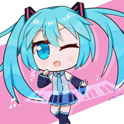 1girl :d ;d apricotlemontea artist_name beamed_eighth_notes black_skirt black_sleeves black_socks blue_eyes blue_hair blue_necktie blush chibi collared_shirt commentary_request detached_sleeves eighth_note grey_shirt hatsune_miku highres kneehighs long_hair long_sleeves miku_day musical_note necktie one_eye_closed pink_background pleated_skirt shirt skirt sleeveless sleeveless_shirt smile socks solo treble_clef twintails twitter_username two-tone_background very_long_hair vocaloid watermark white_background wide_sleeves