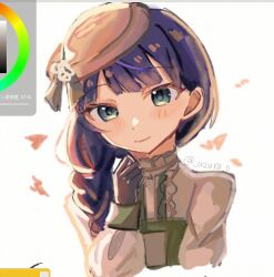  1girl alternate_eye_color alternate_hair_length_(longer) art_program_in_frame artist_name autumn_leaves black_gloves blue_hair brown_dress brown_hat closed_mouth commentary_request cropped_torso dress gloves green_eyes grey_ribbon hand_up hat hat_ribbon highres kiritani_haruka leaf light_blush long_sleeves magicaldraw magicaldraw_(medium) oekaki official_alternate_costume official_alternate_hairstyle paint_chat_(medium) project_sekai puffy_long_sleeves puffy_sleeves ribbon sidelighting simple_background smile solo sono_te_michibiku_nukumori_wa_(project_sekai) upper_body uzura_0 white_background 