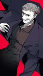  1boy abs black_coat black_eyes black_skin coat colored_skin grey_hair highres hmfd3727 looking_at_viewer male_focus monster muscular muscular_male navel nrvnqsr_chaos open_clothes open_coat pale_skin pectorals red_background red_eyes sharp_teeth solo stomach teeth trench_coat tsukihime veiny_face 