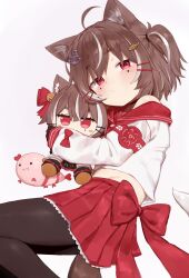  1girl absurdres ahoge anchor_hair_ornament animal_ears black_pantyhose brown_hair cat_ears cat_girl cat_tail character_doll closed_mouth doll expressionless fish_hair_ornament hair_ornament hairclip highres hugging_doll hugging_object indie_virtual_youtuber looking_at_viewer lying medium_hair miniskirt mocha-tan_(character) mole mole_under_eye multicolored_hair nanihatomoare on_side pantyhose parallel_hairclips red_eyes red_sailor_collar red_skirt sailor_collar school_uniform second-party_source shirt sidelocks simple_background single_bare_shoulder single_off_shoulder skirt solo streaked_hair tail transparent_background virtual_youtuber white_shirt white_streaks 