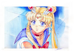  1girl bishoujo_senshi_sailor_moon blonde_hair blue_background blue_eyes blue_sailor_collar choker crescent crescent_earrings double_bun earrings english_commentary gloves hair_bun hair_over_shoulder jewelry long_hair magical_girl meme parted_bangs parted_lips red_choker sailor_collar sailor_moon sailor_moon_redraw_challenge_(meme) sailor_senshi_uniform solo tile_floor tiles twintails white_gloves 