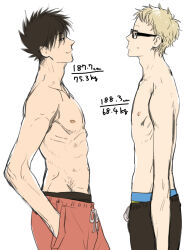  2boys black_hair black_male_underwear black_pants closed_mouth collarbone commentary_request from_side glasses haikyuu!! hand_in_pocket height kuroo_tetsurou male_focus male_underwear male_underwear_peek multiple_boys nipples pants rectangular_eyewear red_pants short_hair simple_background skinny smile standing topless_male tsukishima_kei underwear weight white_background zkakq 