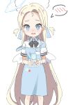  1girl apron black_bow blonde_hair blue_apron blue_archive blue_eyes blue_ribbon blush bow collared_shirt commentary_request feet_out_of_frame forehead hair_ribbon halo highres holding kapuru_0410 long_hair looking_at_viewer low_wings nose_blush open_mouth ribbon shirt short_eyebrows short_sleeves simple_background solo sora_(blue_archive) spoken_blush standing strap_slip striped striped_bow sweat thick_eyebrows two_side_up very_long_hair wavy_hair white_background white_shirt white_wings wings 