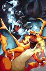 absurdres aqua_eyes blue_fire breath_weapon breathing_fire charizard claws commentary dragon dragon_wings embers english_commentary fangs fire highres mega_charizard_x mega_charizard_y mega_pokemon merchandise_available no_humans open_mouth photoshop_(medium) pokemon pokemon_(creature) pokemon_focus procreate_(medium) tongue tuttlesart violet_eyes wings 
