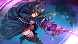  1girl aradia_(night_of_revenge) bare_shoulders black_boots black_hair blue_corset blue_skirt blue_sleeves boots braid braided_ponytail commentary_request commission corset detached_sleeves frilled_skirt frills gun hair_over_one_eye handgun high-low_skirt high_heel_boots high_heels highres holding holding_gun holding_sword holding_weapon long_hair long_sleeves night_of_revenge shirt single_braid skeb_commission skirt sleeveless sleeveless_shirt sword thick_thighs thigh_boots thighs tukiwani weapon white_shirt yellow_eyes 